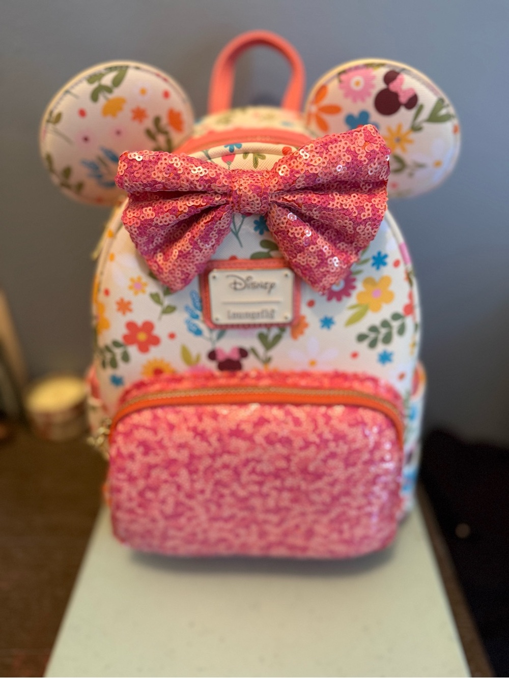 Loungefly Floral Minnie Ear Backpack - Pink Sequin Bow - Picture 1 of 9